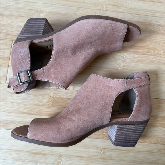 LUCKY BRAND WOMENS BARIMO PEEP TOE BOOTIES TAN LEATHER BLOCK HEEL 7.5 - Picture 3 of 10